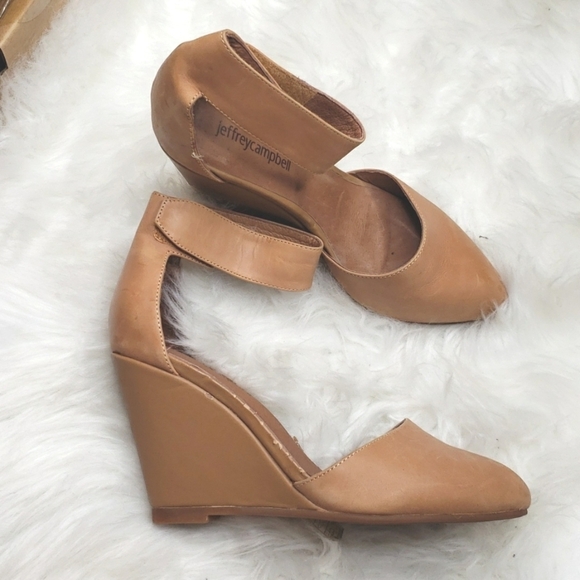Jeffrey Campbell Tan Leather Wedge Sandals 6 Ankle strap - Picture 4 of 12